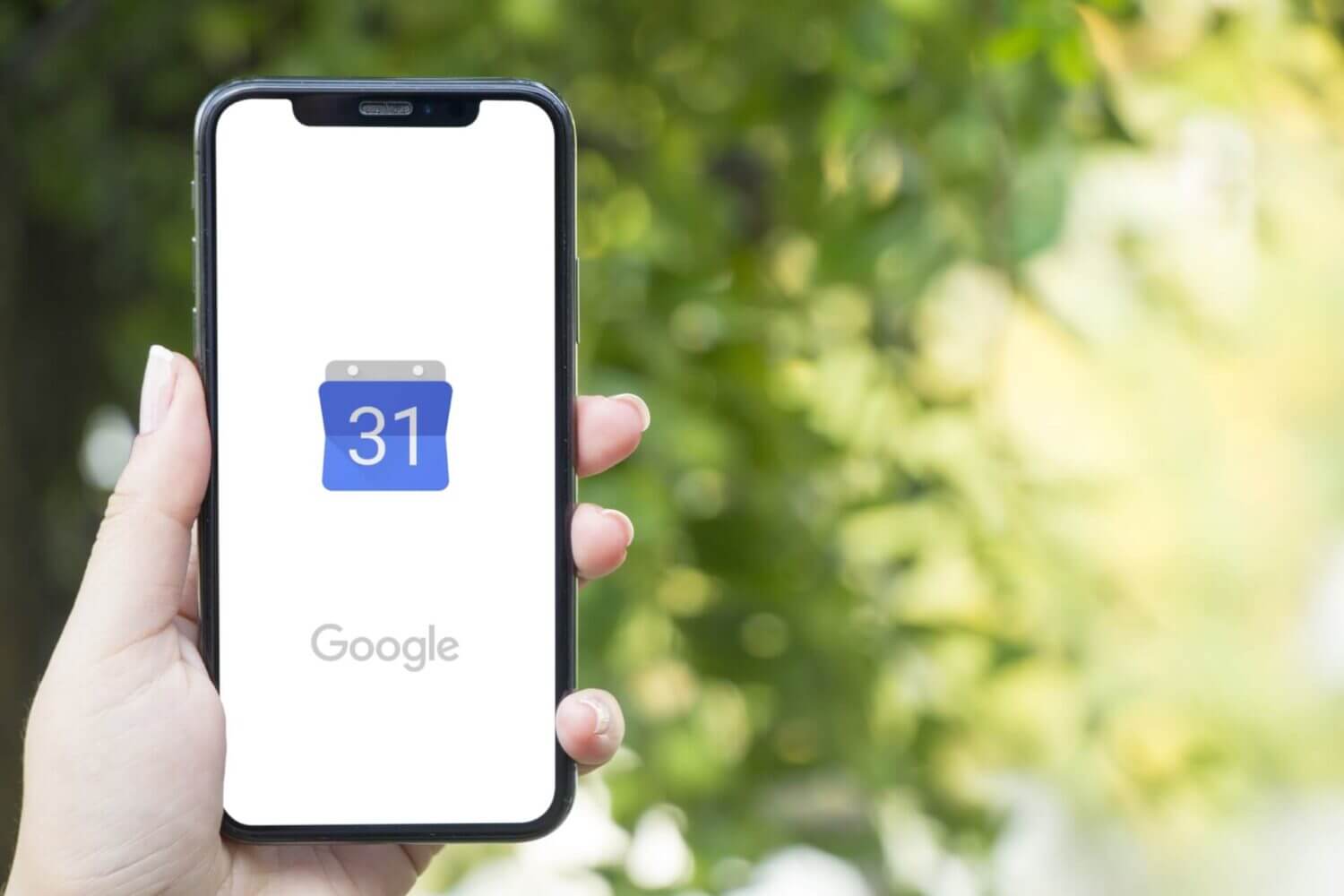 A hand holding a smartphone with the Google Calendar app logo, highlighting secure IT tools, against a blurred green leafy background.