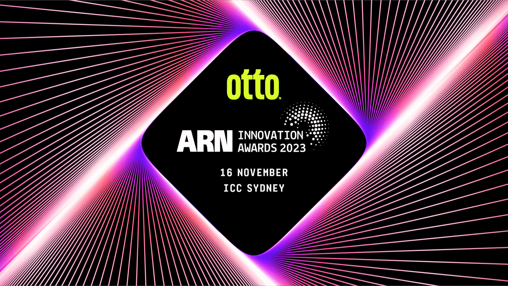 A diamond-shaped black banner with otto., ARN Innovation Awards 2023, event details, and cyber-themed glowing digital lines.
