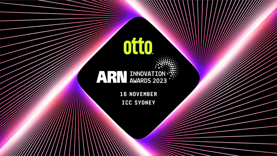 A diamond-shaped black banner with otto., ARN Innovation Awards 2023, event details, and cyber-themed glowing digital lines.