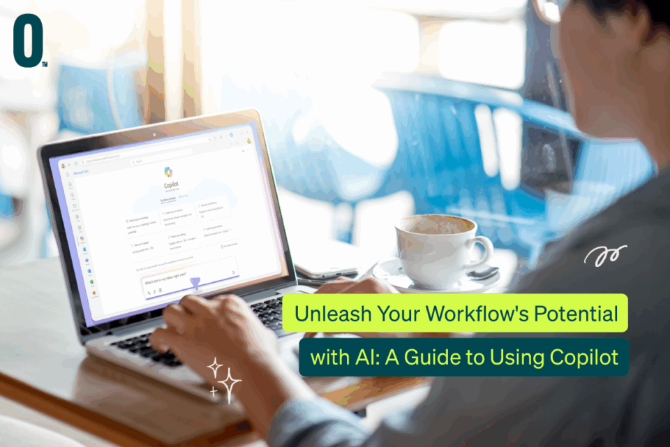 A person works on a laptop in a café, coffee nearby; Copilot cybersecurity guide on-screen. Overlay: Optimise IT with AI-powered Copilot.
