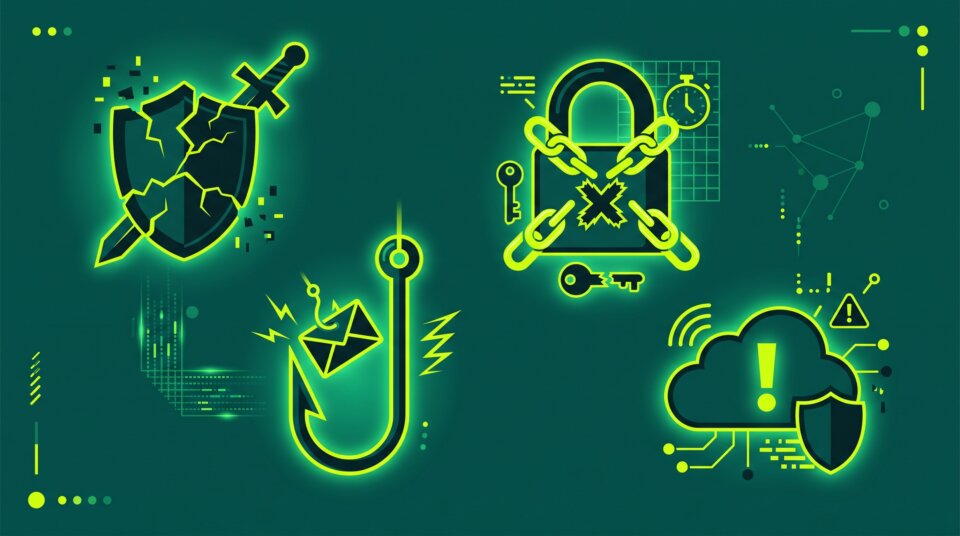 Cybersecurity threat icons including ransomware, phishing, and cloud vulnerabilities representing the top threats facing Australian businesses
