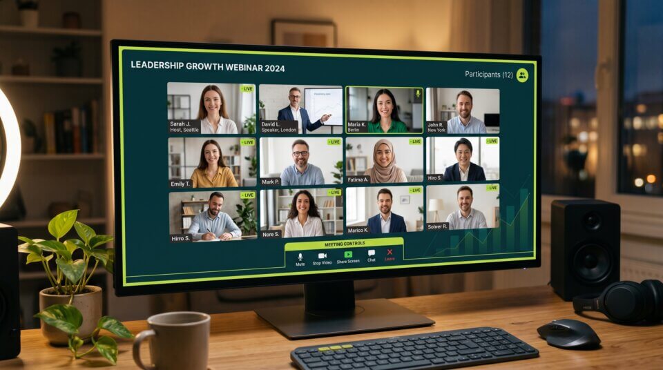 Microsoft Teams webinar setup with presenter and participants