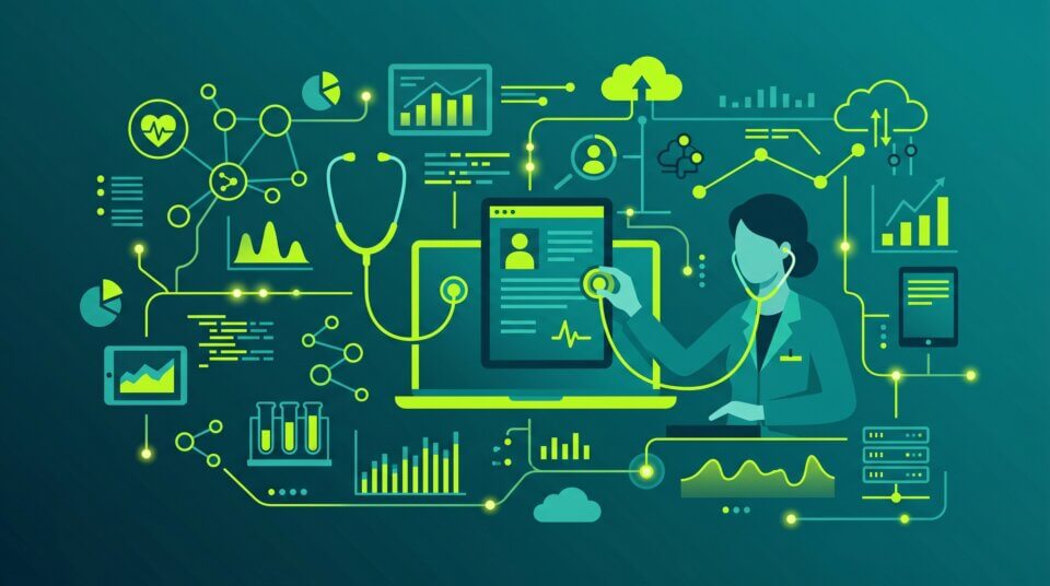 Healthcare IT support concept showing stethoscope and digital technology network for Australian medical practices