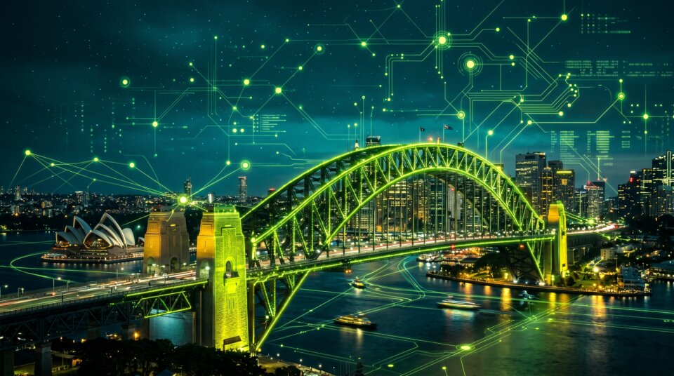 Sydney Harbour Bridge with digital technology overlay for IT support in Sydney guide