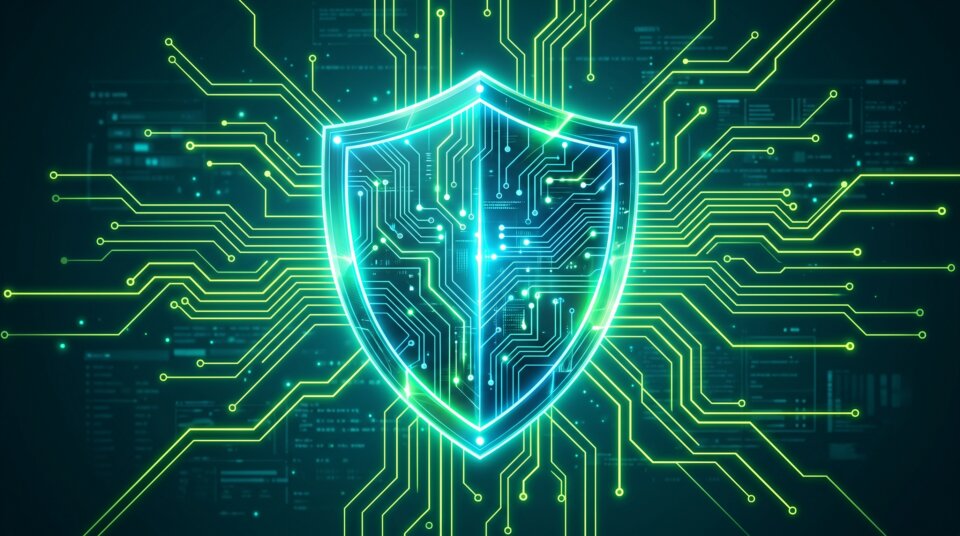 Cybersecurity shield with circuit board patterns on dark teal background for managed cybersecurity