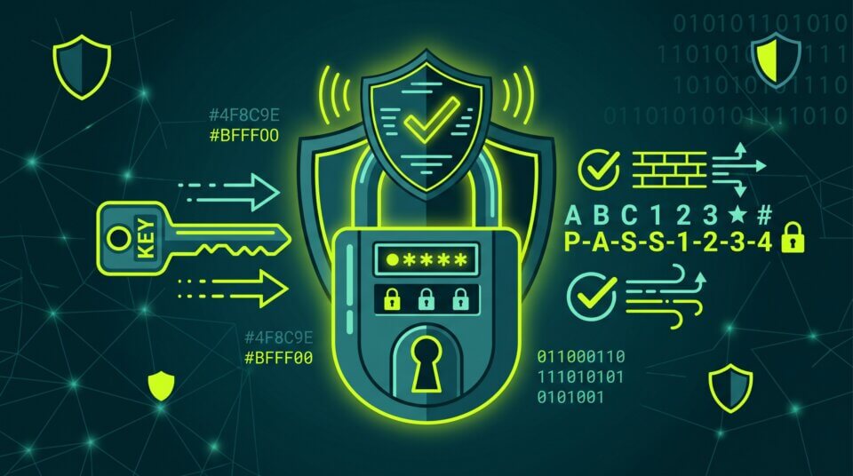 Password security concept with digital lock and shield for business password policy