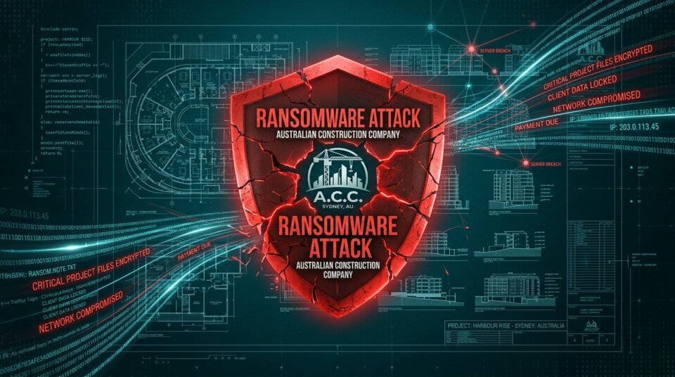 Construction blueprint with cracked security shield representing the Champion Homes ransomware data breach in Australia 2026