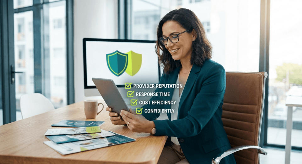 Woman reviewing cybersecurity provider options