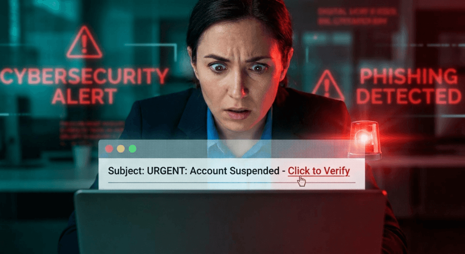 woman showing concern at a cybersecurity notification received in email