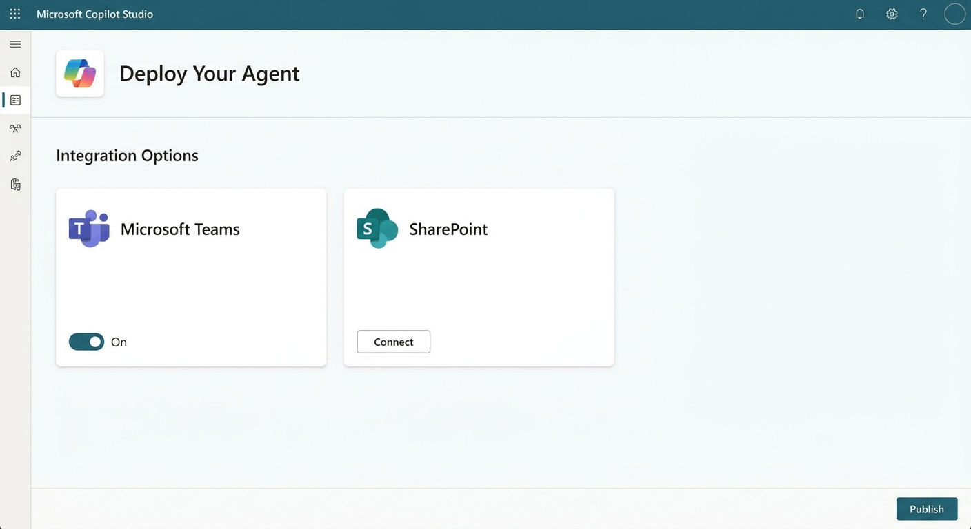 Microsoft Copilot Studio agent deployment options showing Teams and SharePoint