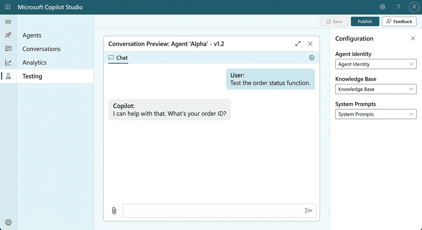 Microsoft Copilot agent testing panel with conversation preview
