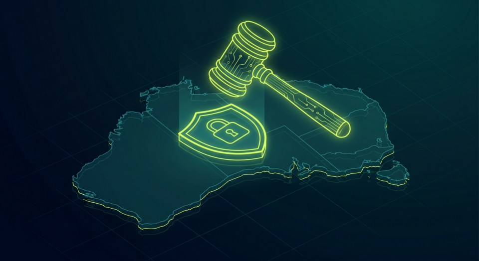 Australian Cyber Security Act 2024 compliance guide for businesses — gavel and digital shield illustration