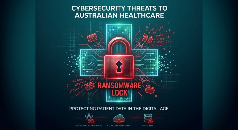 Medical cross with ransomware padlock representing cybersecurity threats facing Australian healthcare practices in 2026