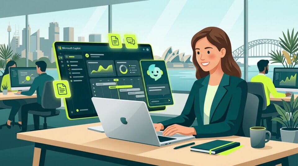 Microsoft 365 Copilot for Business on a laptop screen representing the SMB pricing options available to Australian businesses in 2026