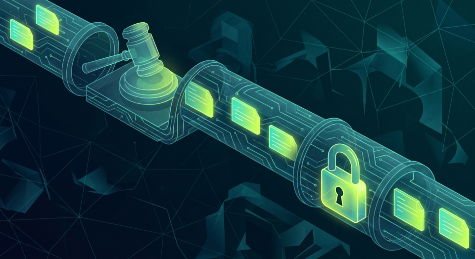 Data flowing through a digital pipeline with a privacy lock and gavel representing the Bunnings Privacy Commissioner ruling on transient data collection in Australia