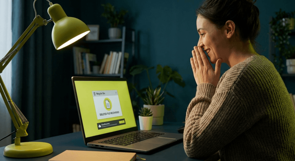 Woman smiling at laptop screen