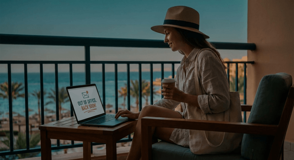 Woman working on laptop by beach