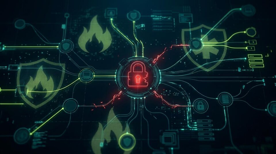 A digital network diagram with a warning icon and broken padlock representing the NSW Rural Fire Service data breach by the Nova ransomware group in June 2026